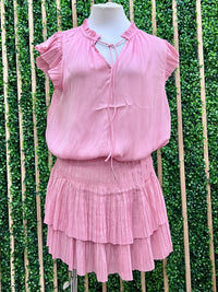 Blush Pleat Detail Neck And Sleeves Short Dress