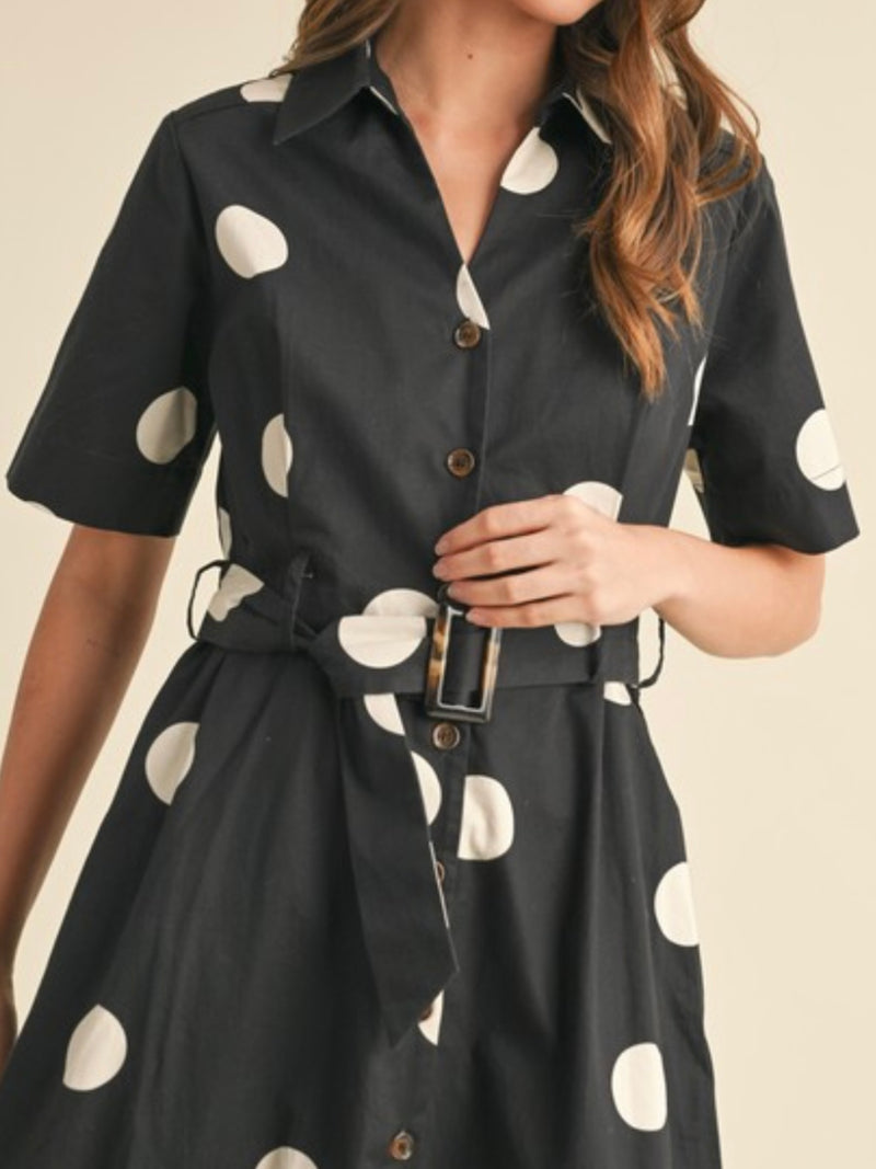 Black Polka Dot Button Down Blouse Midi Dress