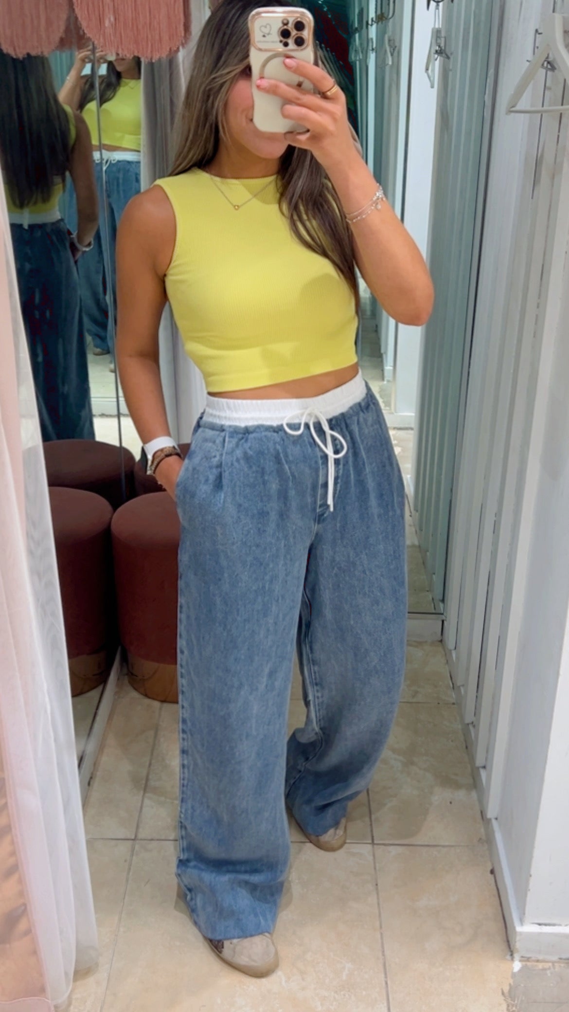 Contrast Waist Wide Leg Pant