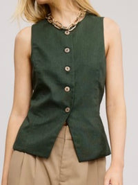 Sleeveless Buttoned Fitted Linen Vest