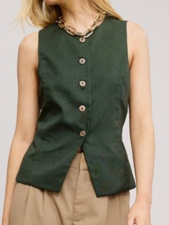 Sleeveless Buttoned Fitted Linen Vest