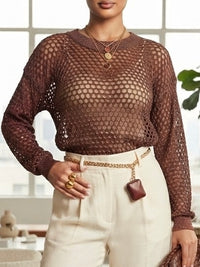 Metallic Open-Knit Sheer Long Sleeve Sweater