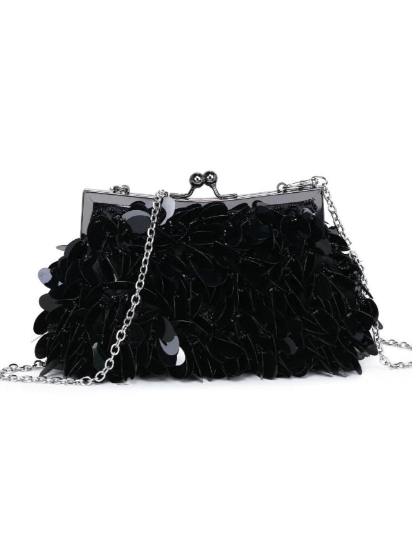 Black Large Disc Sequin Clutch