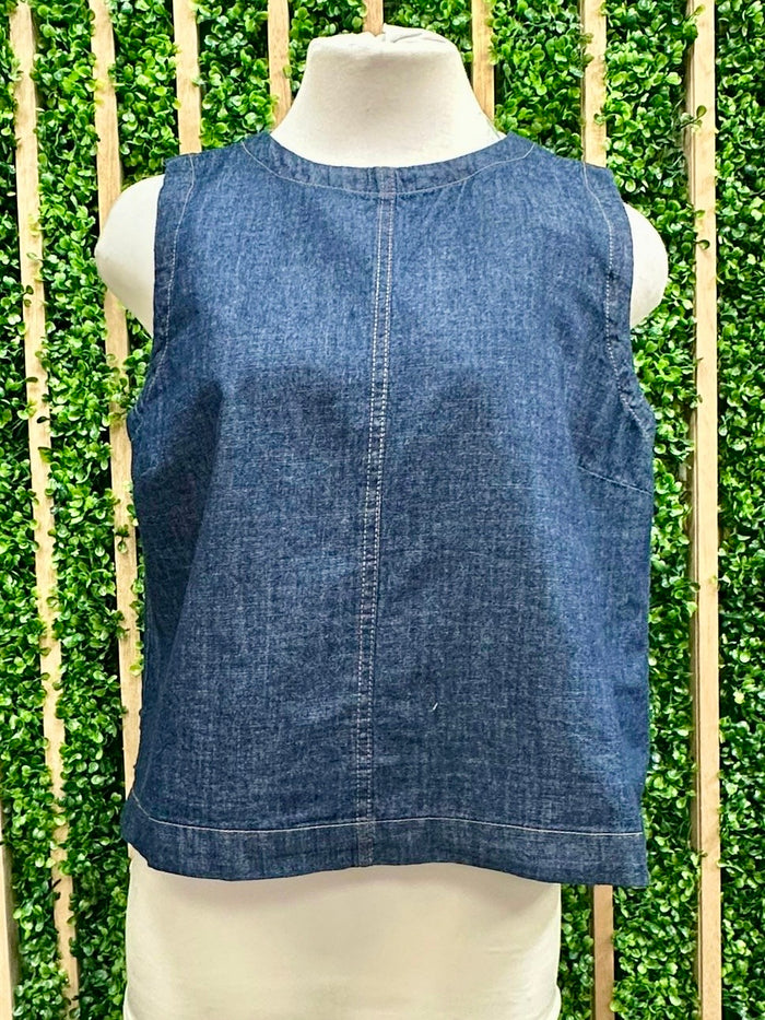 Dark Denim Stitch High Boat Neck A Line Top