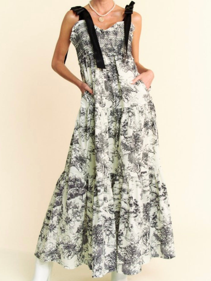 Romantic Black Ivory Smocked Bodice Maxi Dress