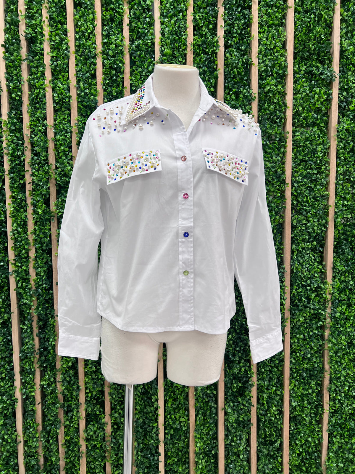 Multicolor Rhinestone and Pearl Blouse