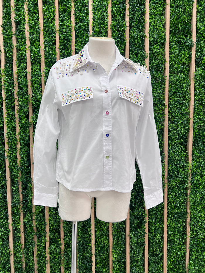 Multicolor Rhinestone and Pearl Blouse