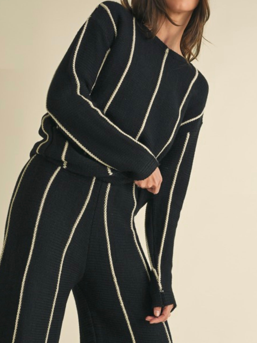 Black Ivory Stripe Knit Pant Set