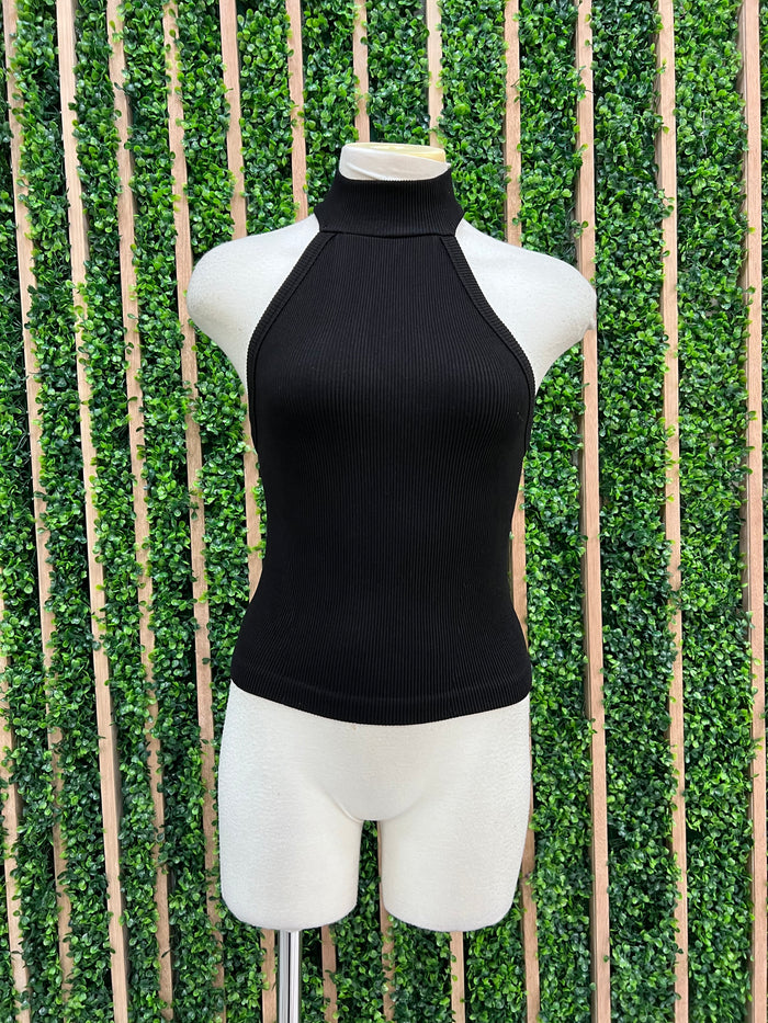 High Neck Ribbed Sleeveless Halter Basic