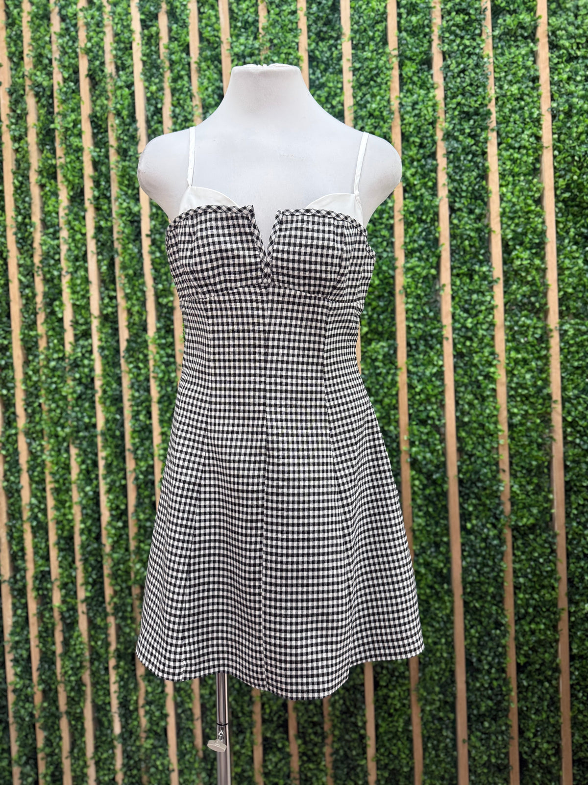Black Gingham Plaid Contrast Spaghetti Strap Short Dress
