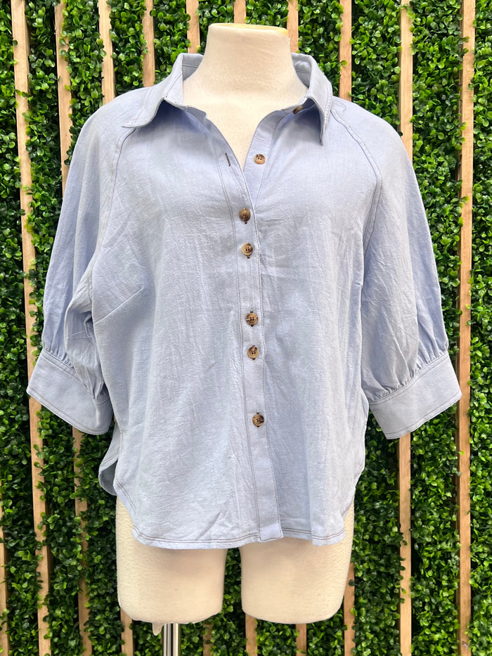 Contrast Stich Chambray 3/4 Sleeve Blouse