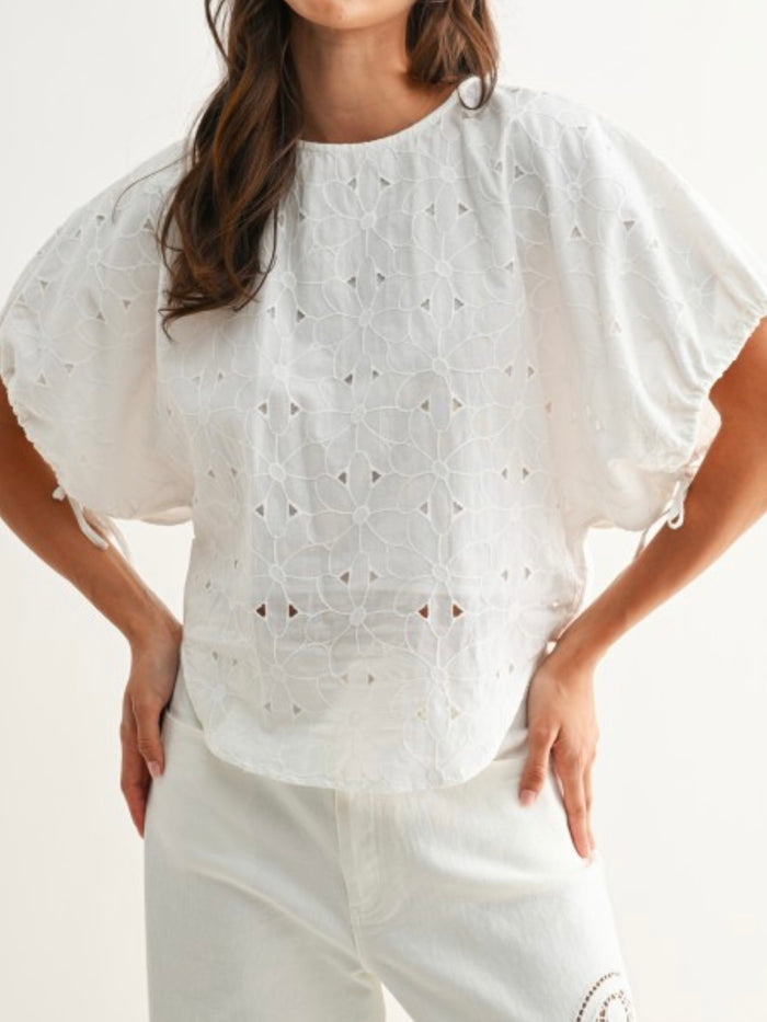 White Floral Embroidered Short Sleeve Blouse