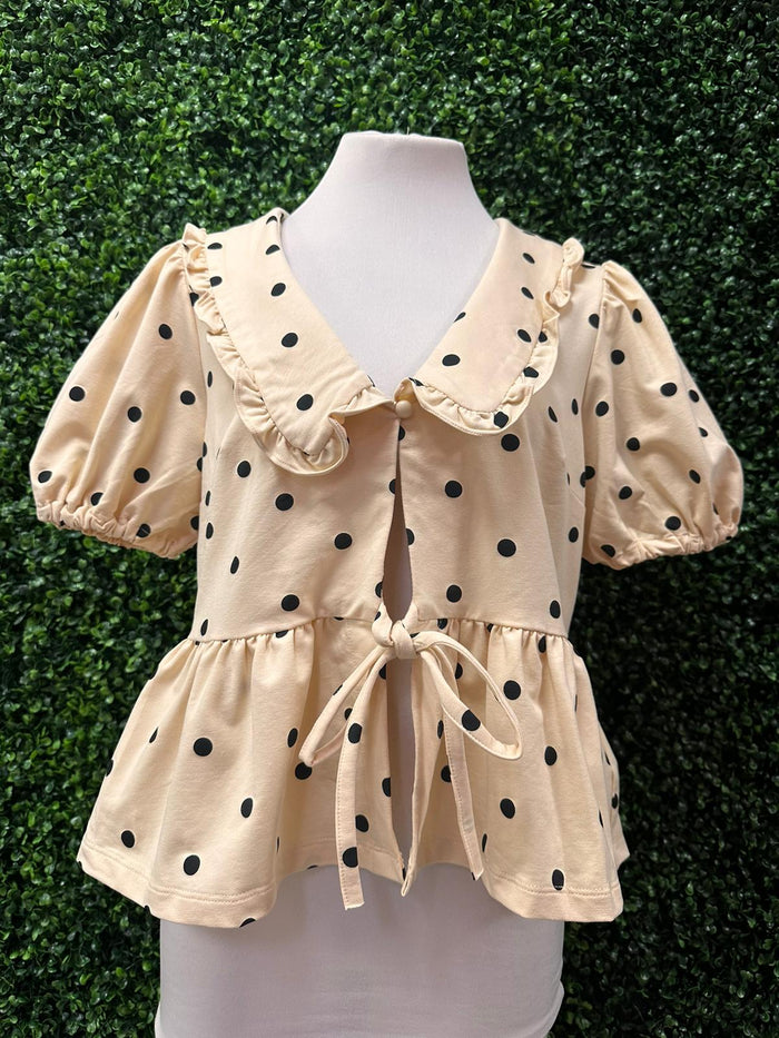 Ivory Dotted Peter Pan Collar front Bow Detail Blouse