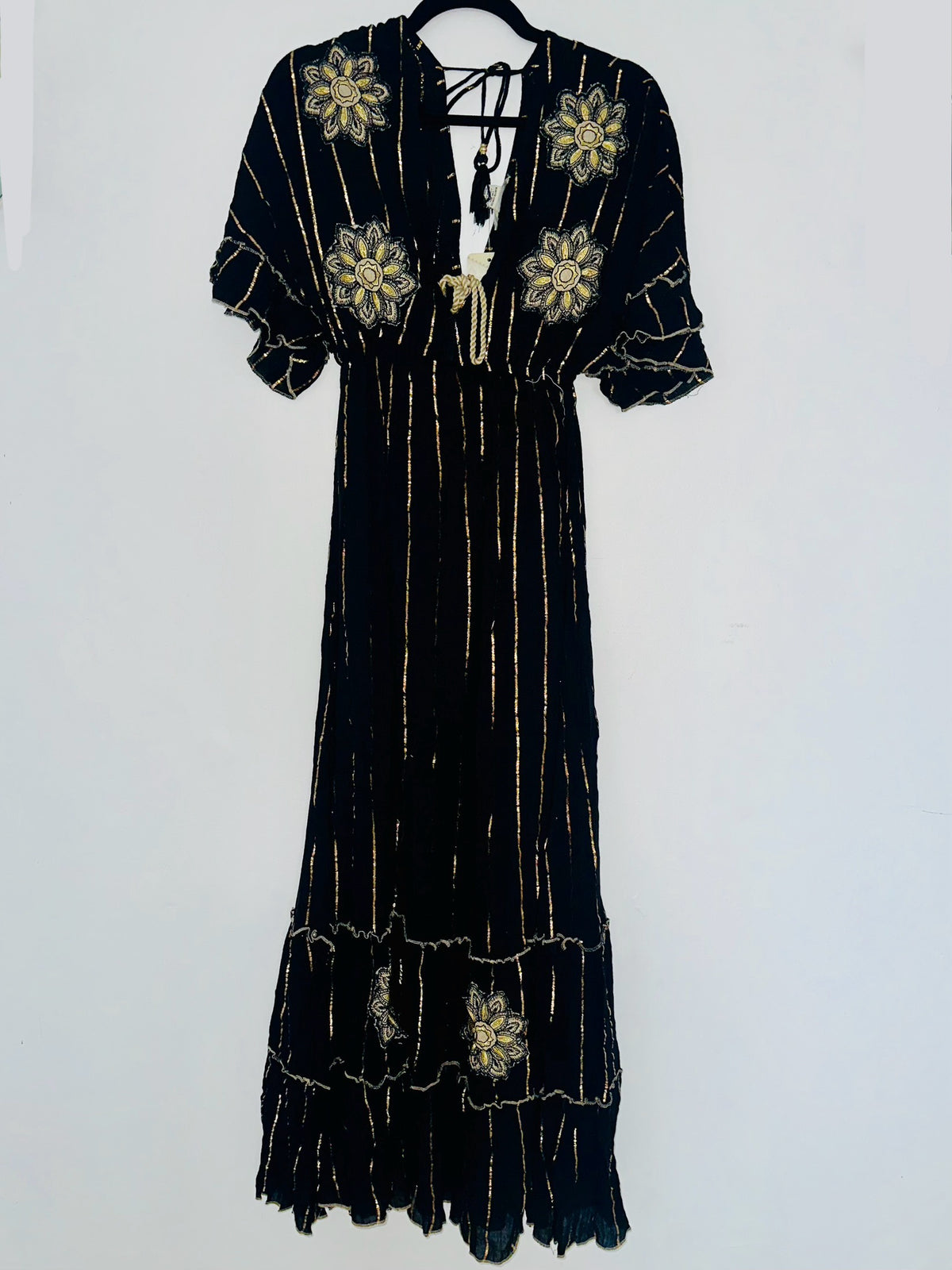 Black Gold Flower Embroidered V Neck Tuered Maxi