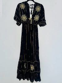 Black Gold Flower Embroidered V Neck Tuered Maxi