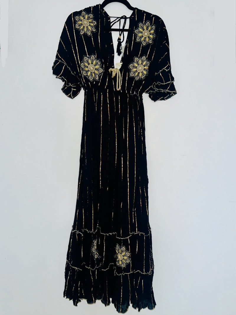 Black Gold Flower Embroidered V Neck Tuered Maxi