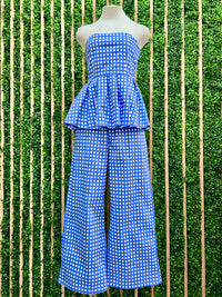 Blue Checkered Strapless Peplum Top