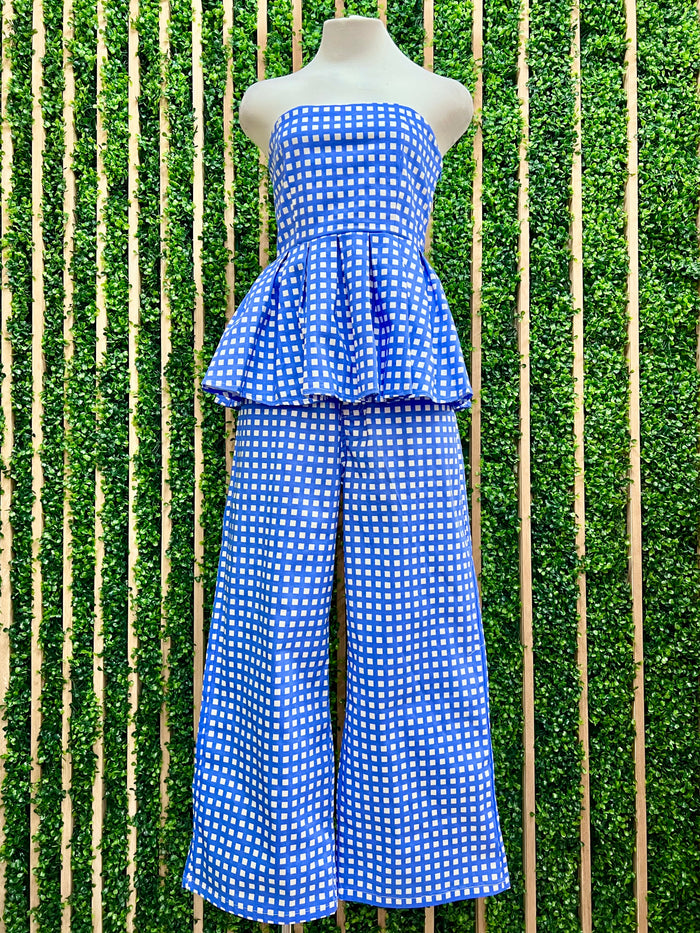 Blue Checkered Strapless Cop Wide Leg Pant
