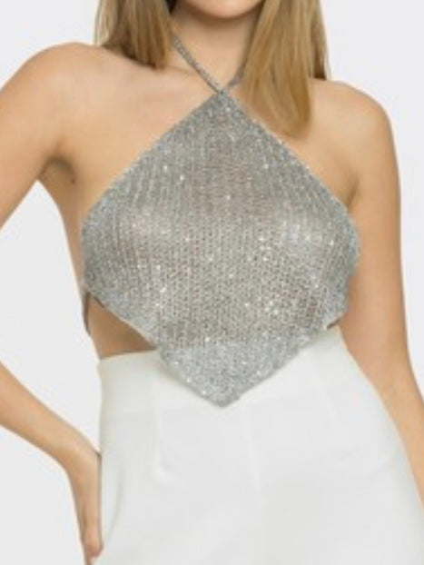 Silver Sequin Knit Halter Handkerchief Top