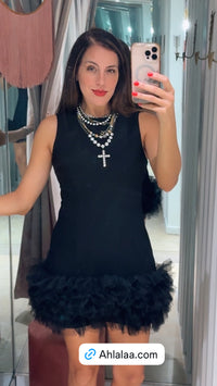 Black Tulle Hem Dropwaist Short Dress