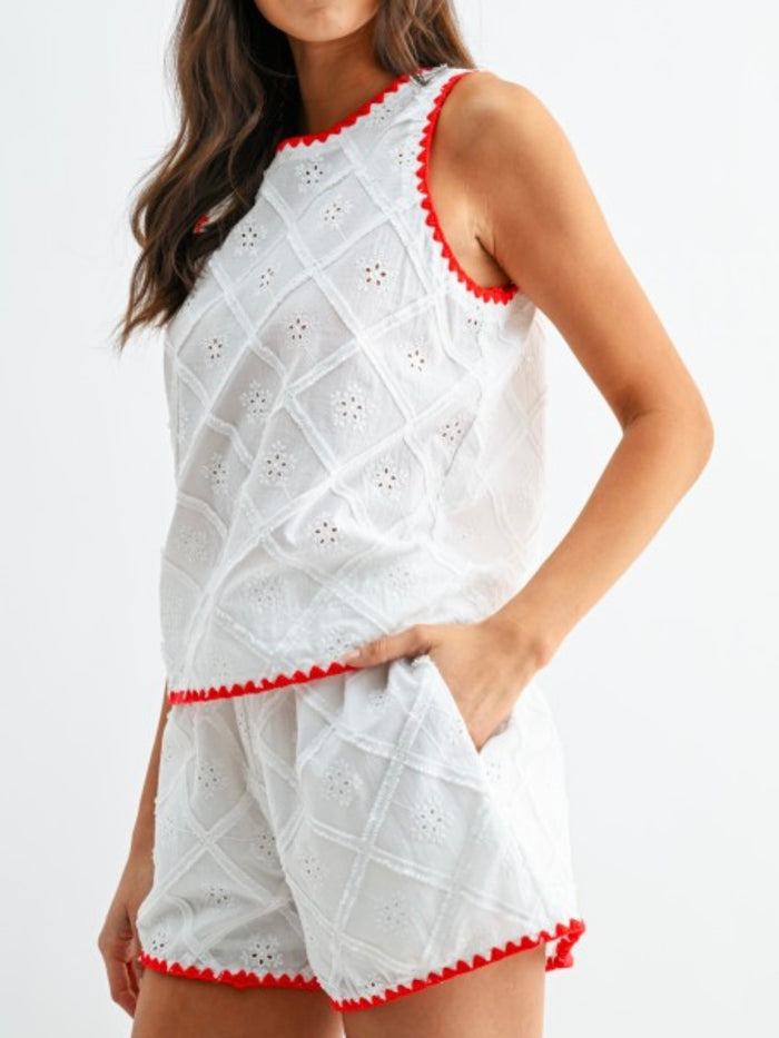 White Eyelet Two-Piece Short Set with Red Trim