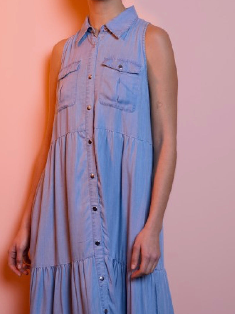 Exquisite Sleeveless Tiered Denim Maxi Dress
