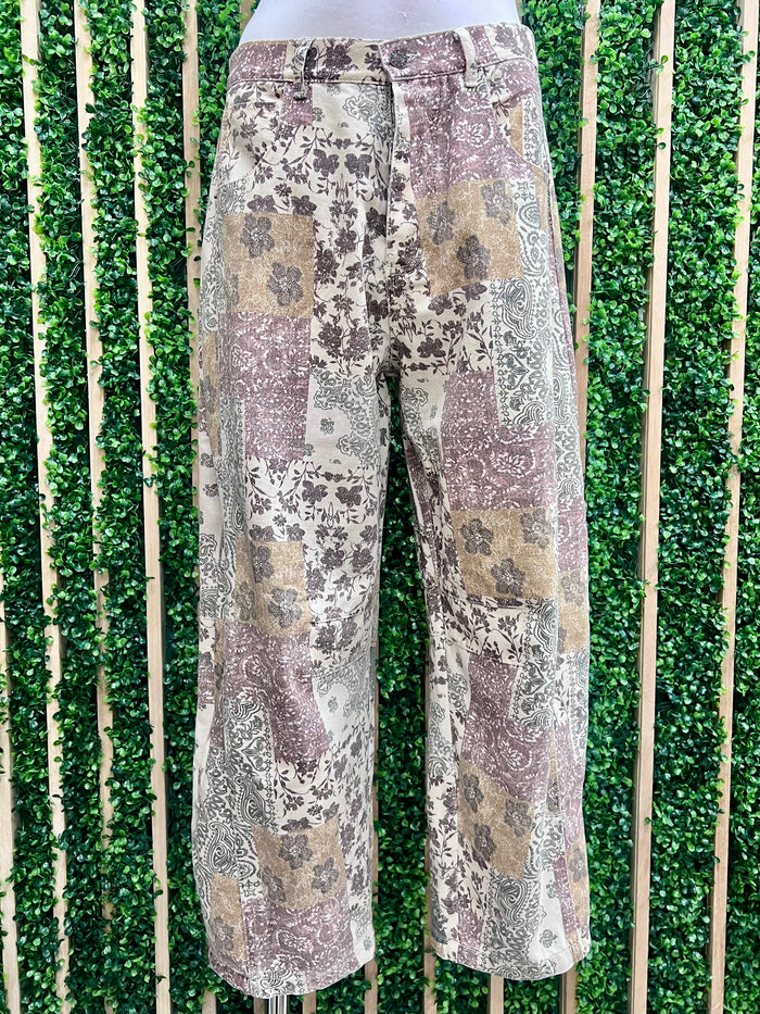 Neutral Patchwork Print Denim Pants