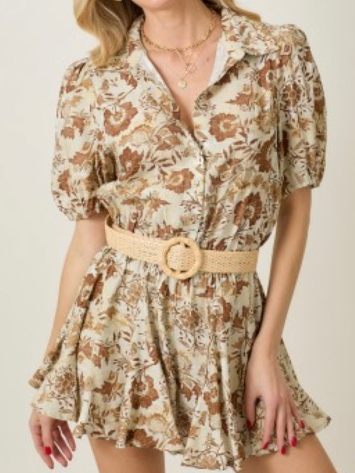 Beige Floral Button Down Short Sleeve Romper