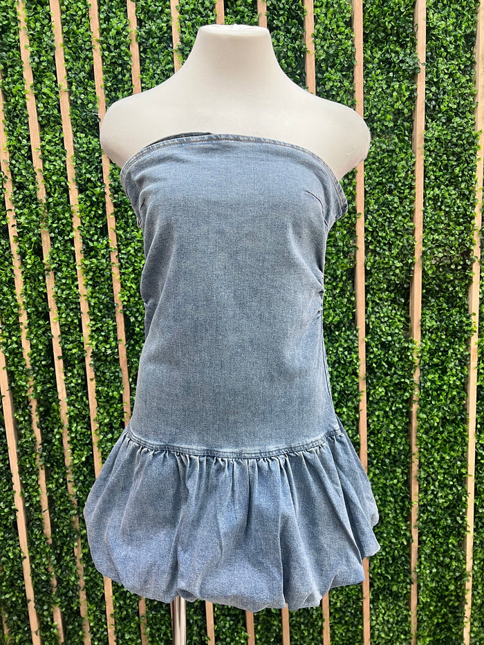 Strapless Denim Drop Waist Short Dress