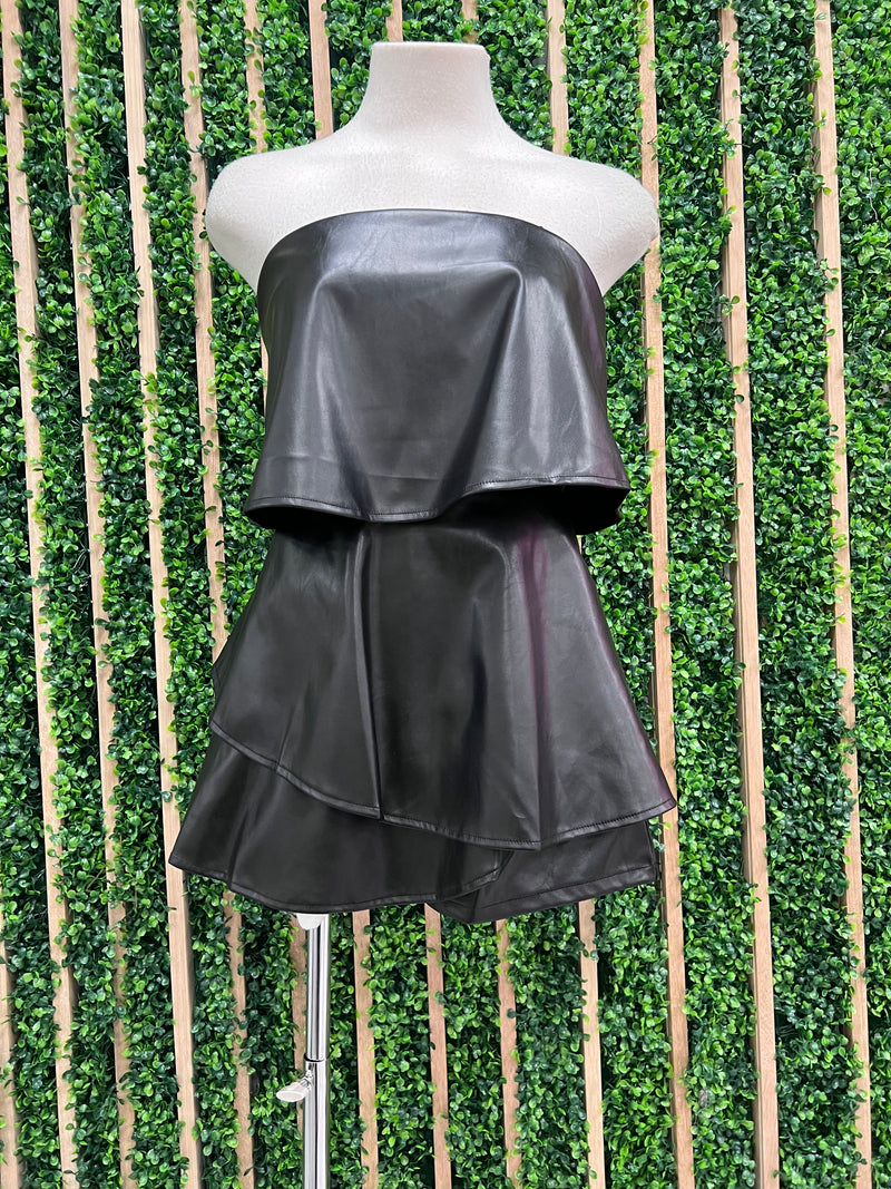 Black Pleather Strapless Romper