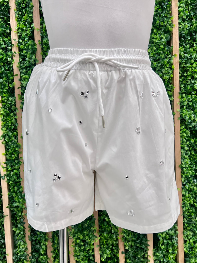 White Crystal Detail Short Pant Set