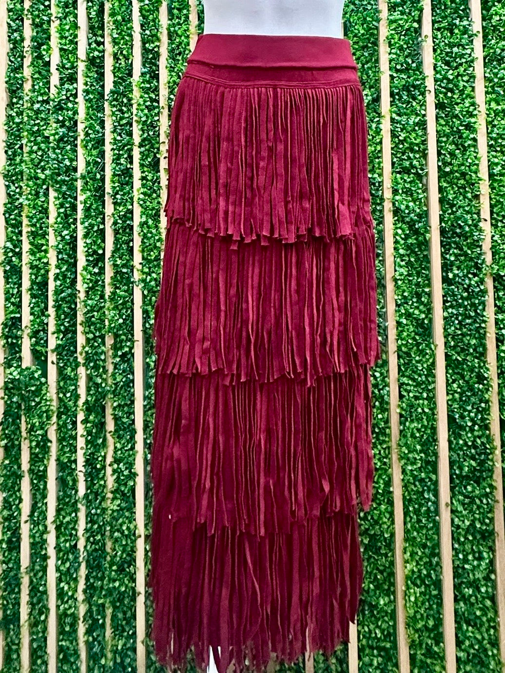 Wine Fringe Sweater Midi Skirt
