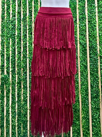 Wine Fringe Sweater Midi Skirt