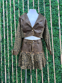 Pleather Detail Leopard Skirt