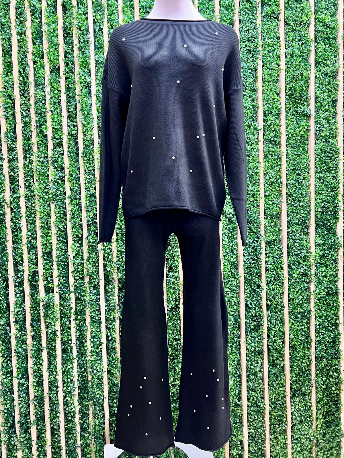 Crew Neck Embellished Rolled Hem Sweatpant Set