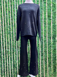 Crew Neck Embellished Rolled Hem Sweatpant Set