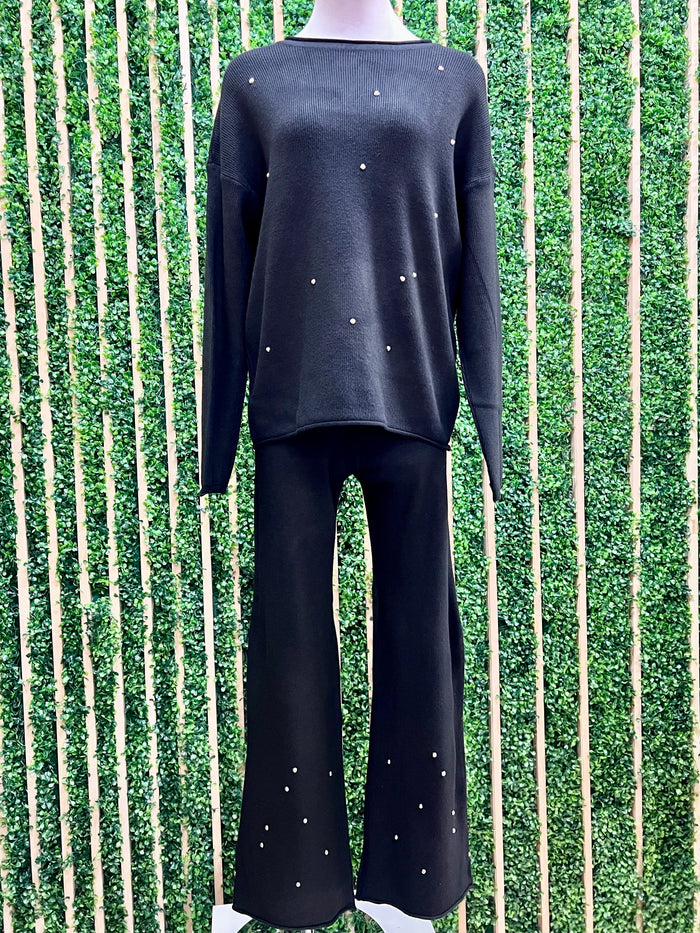 Crew Neck Embellished Rolled Hem Sweatpant Set
