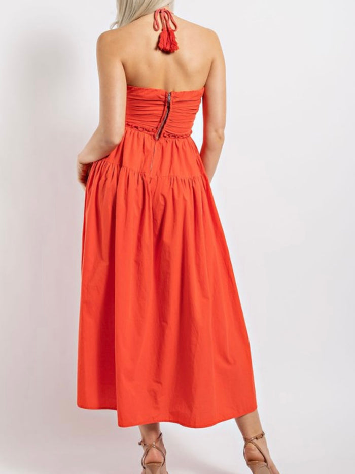 Tomato Halter Ruched Midi Dress