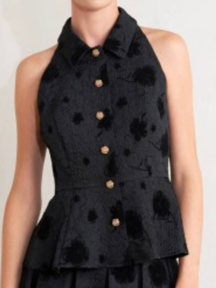 Beautiful Halter Black Floral Embossed Peplum TOp