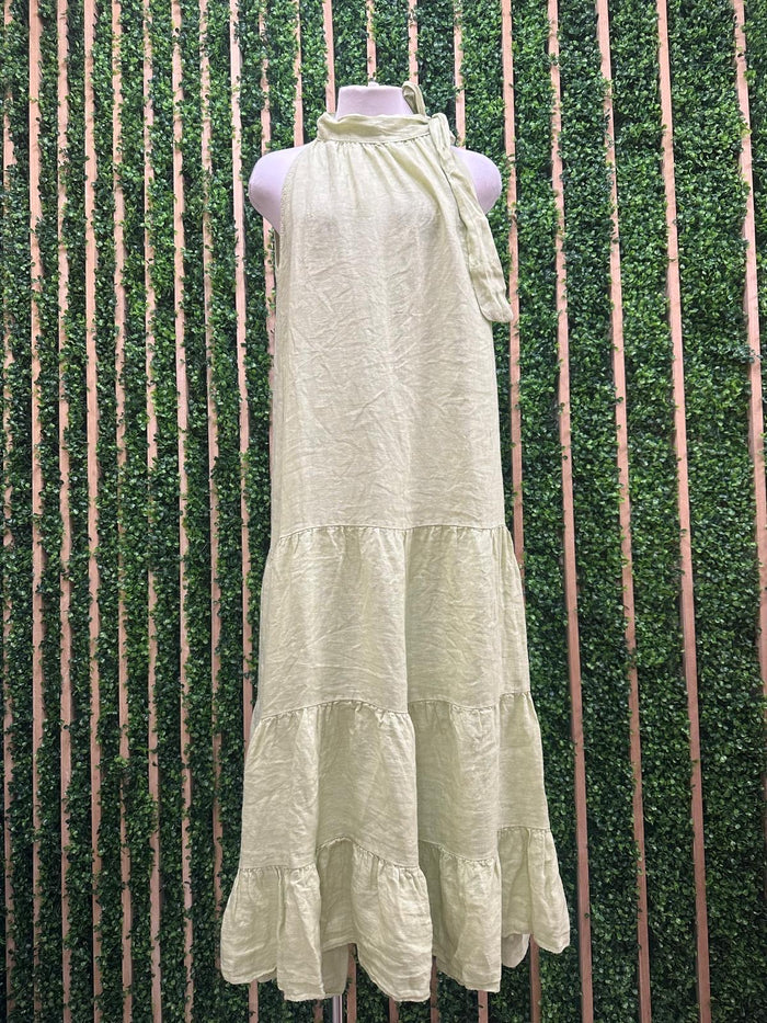 Neck Tie Tiered Linen Dress