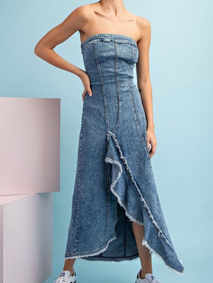 Strapless Ruffled Midi Denim Dressi