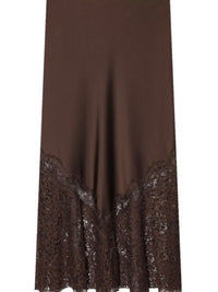 Brown Lace Detail Satin Midi Skirt