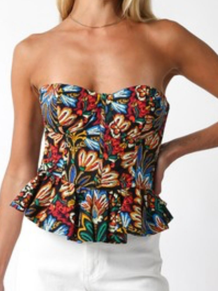 Strapless Bustier Floral Peplum Top