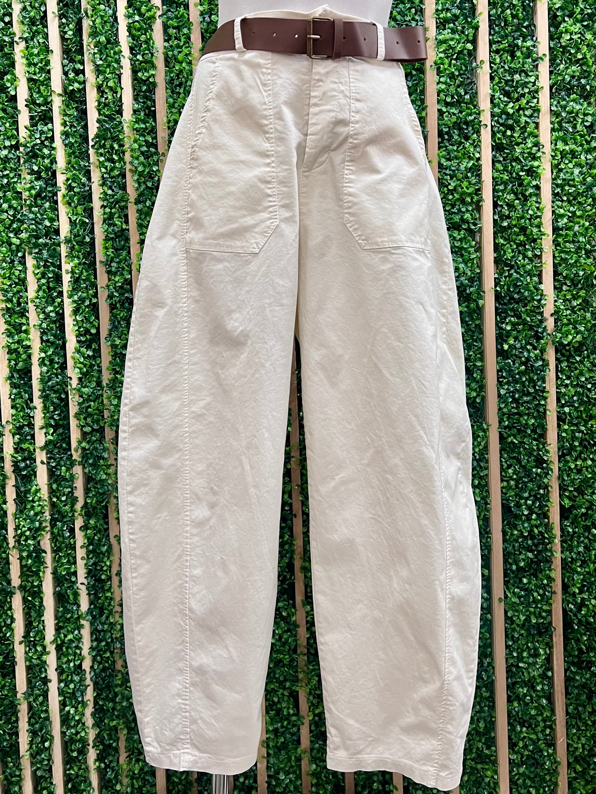 Beige Belted Cotton Barrel Pants