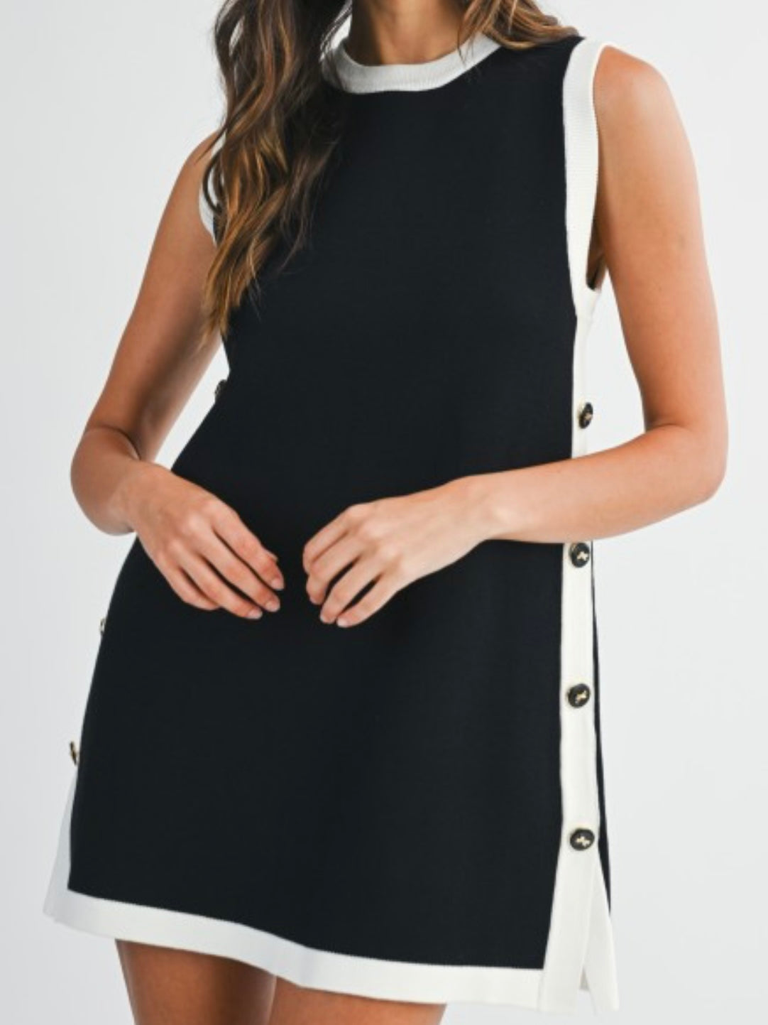 Side Contrast Stripe Black Knit Short Dress