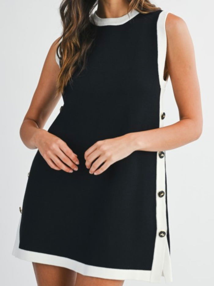 Side Contrast Stripe Black Knit Short Dress