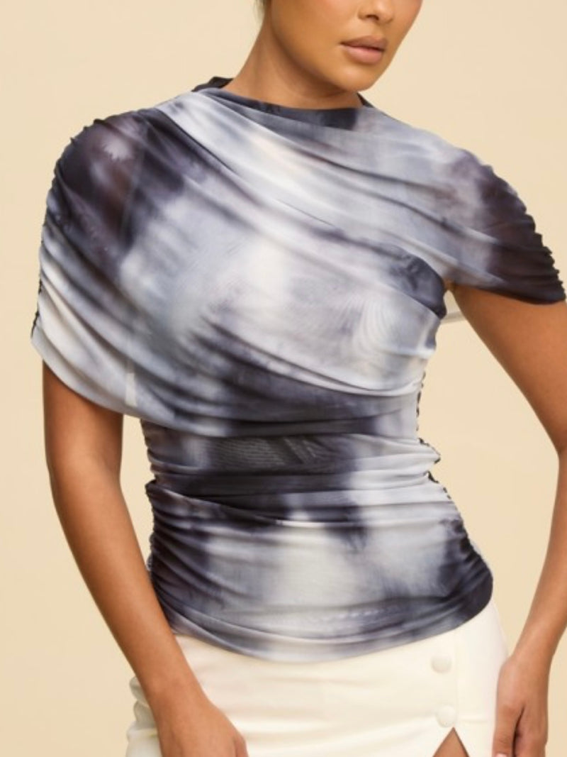 Beautiful Navy Mesh Mock Neck Top