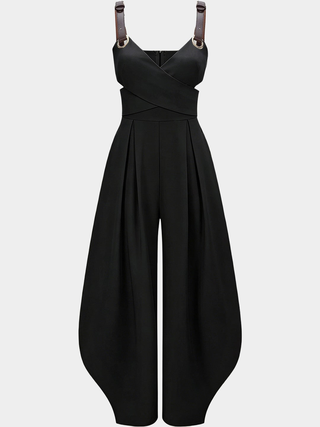 Wrap Front Wide-Leg Jumpsuit with Buckle Straps