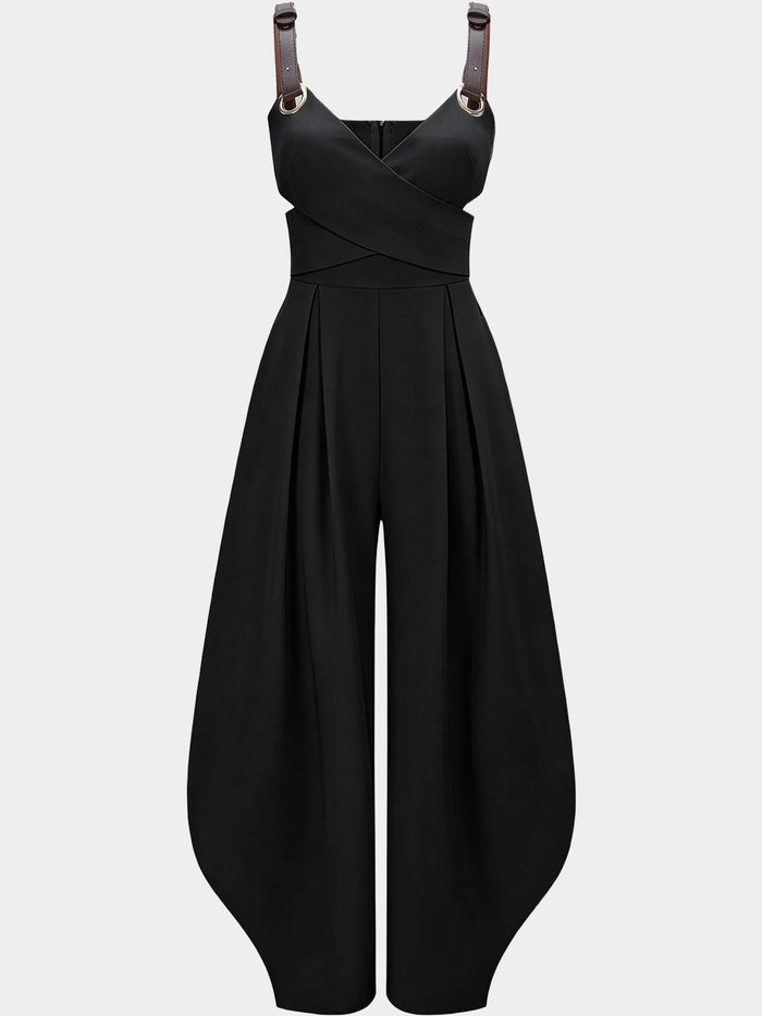 Wrap Front Wide-Leg Jumpsuit with Buckle Straps