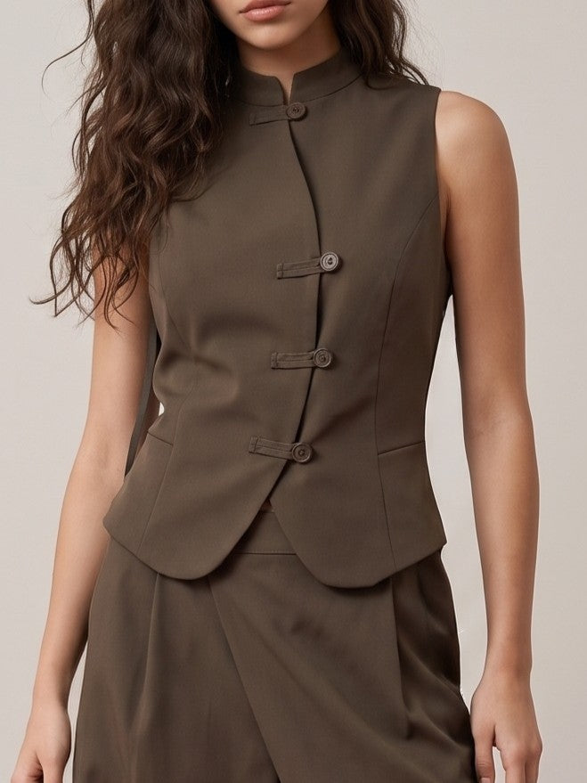 Chocolate Mandarin Collar Tailored Vest
